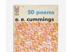 A paperback book with orange and pink letter e's and the title "50 Poems"
