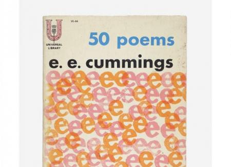 A paperback book with orange and pink letter e's and the title "50 Poems"
